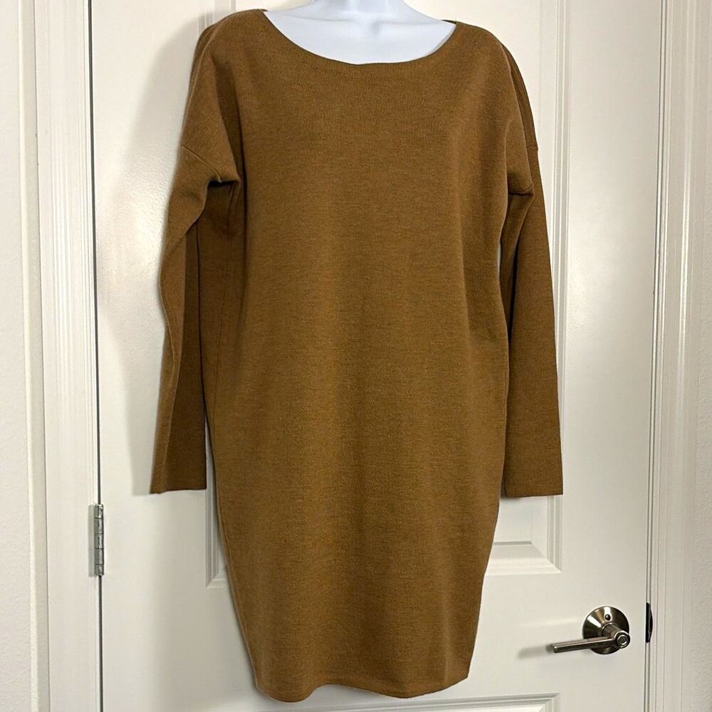 j.crew brown merino wool blend knit sweater dress scoop neck long sleeve s luxe